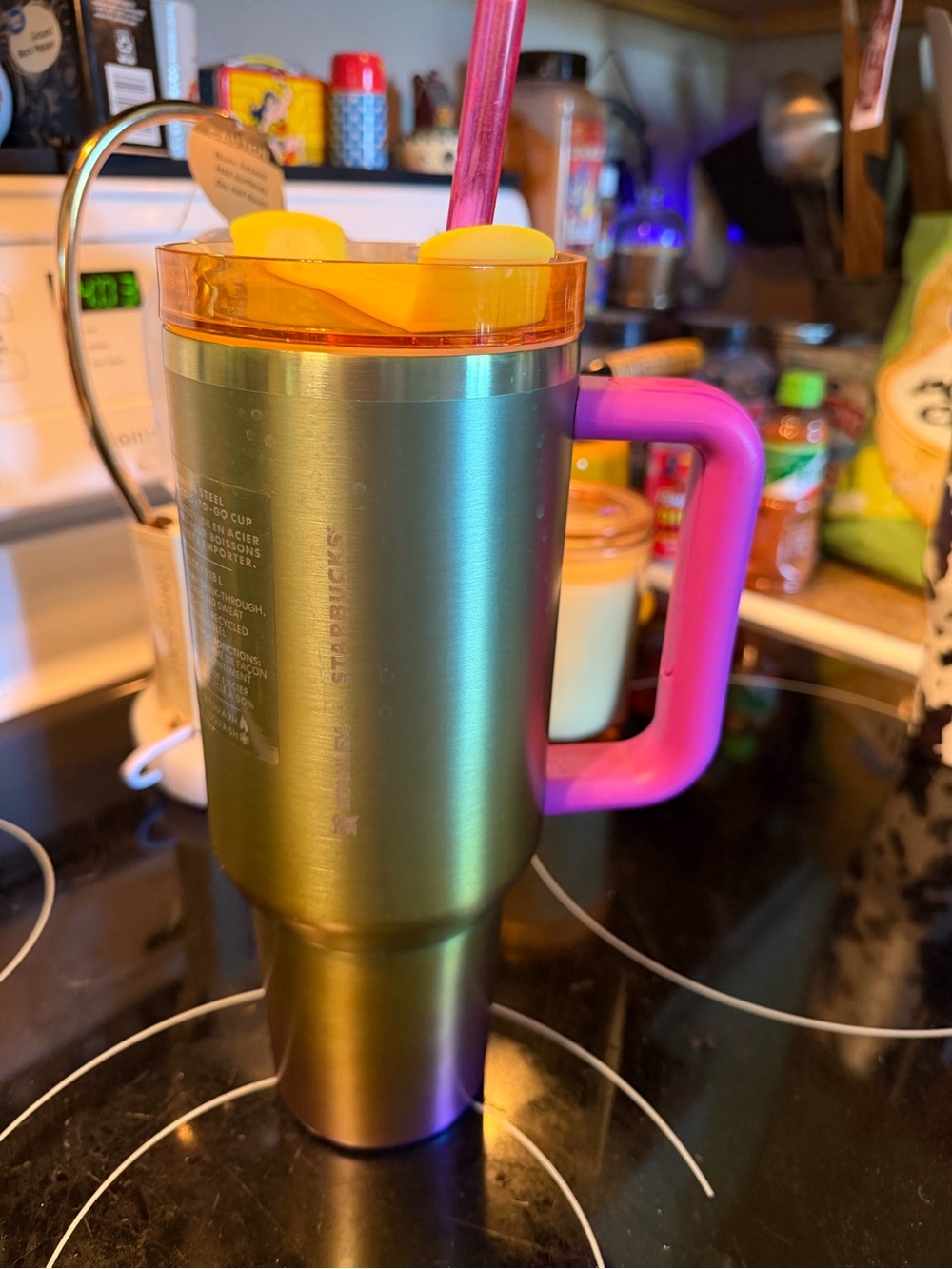 Starbucks Iridescent Travel Mug with Pink Handle and Orange Lid